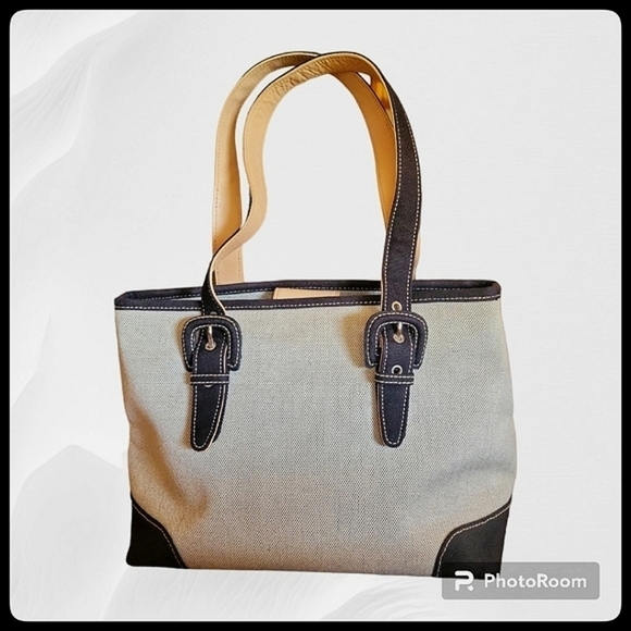 Vtg LORD & TAYLOR Canvas Buckle Three Compartment Tote Shoulder Bag - Picture 1 of 7